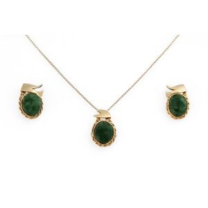 VTG DeCurtis 14kt Gold Overlay Green Jade Necklace & Screw-Back Earrings Set Box